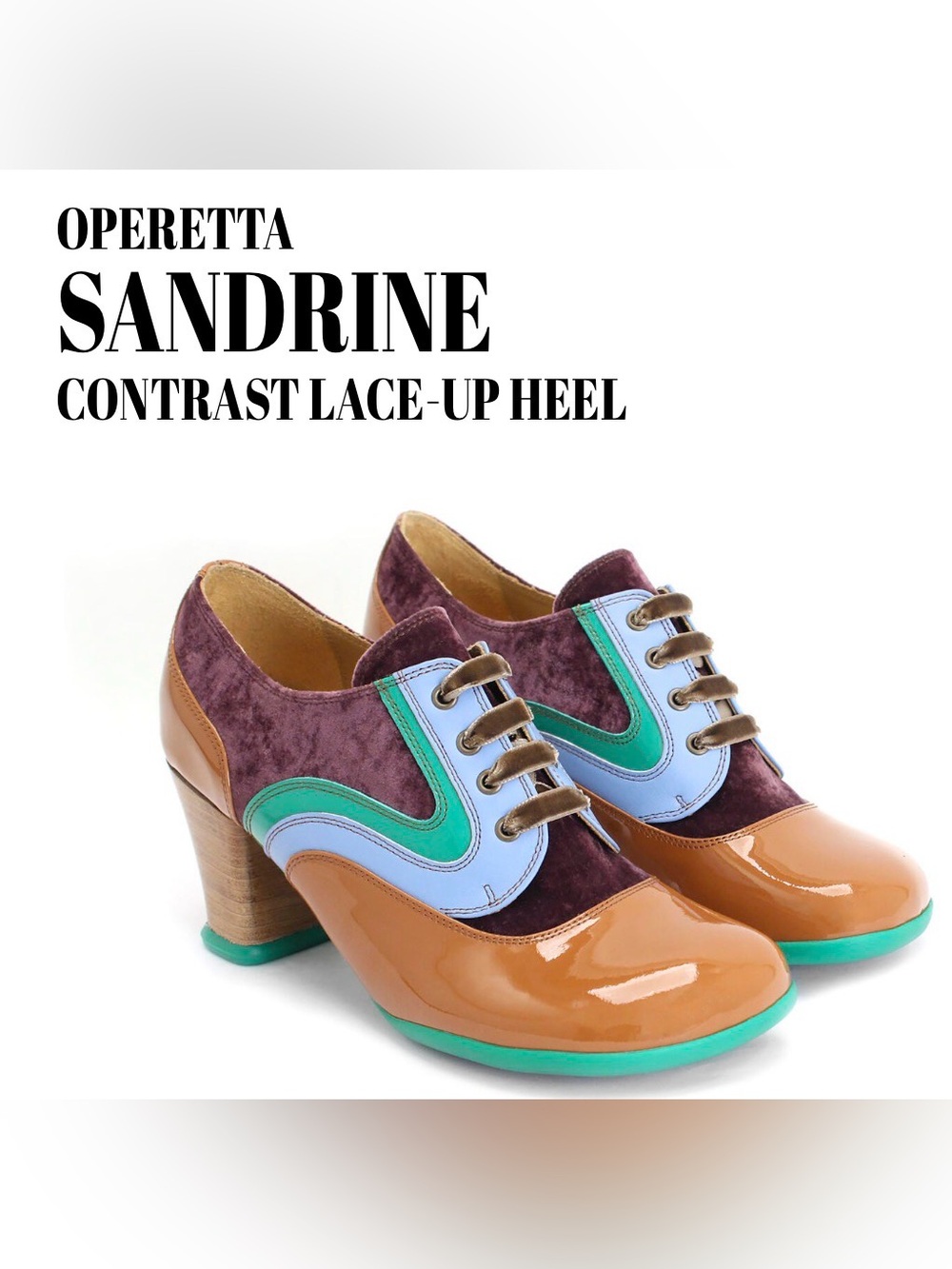 Fluevog EXCELLENT Operetta Sandrine green/blue/gold heeled lace-up -8 (fits 7.5)